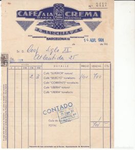 Facturas antiguas: FACTURA COMERCIAL DE CAFES A LA CREMA J. MARCILLA - BARCELONA - PRECIOS AL DORSO